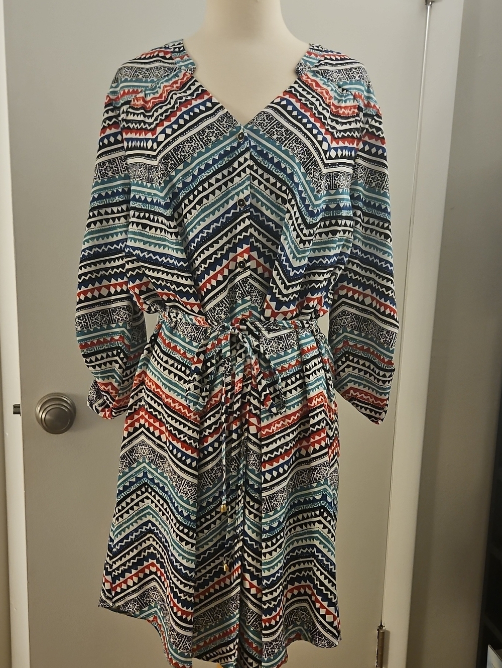 Printed V-Neck Tie-Waist Women's Dress in Blue and Red
